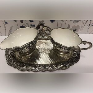 VTG Eales 1779 Silverplated Porcelain Sugar & Creamer Set with Tray No. 928